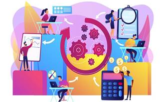 Vector gratuito organizacin y gestin de la fuerza laboral. los procesos de flujo de trabajo, el diseo y la automatizacin de procesos de flujo de trabajo aumentan el concepto de productividad de su oficina.
